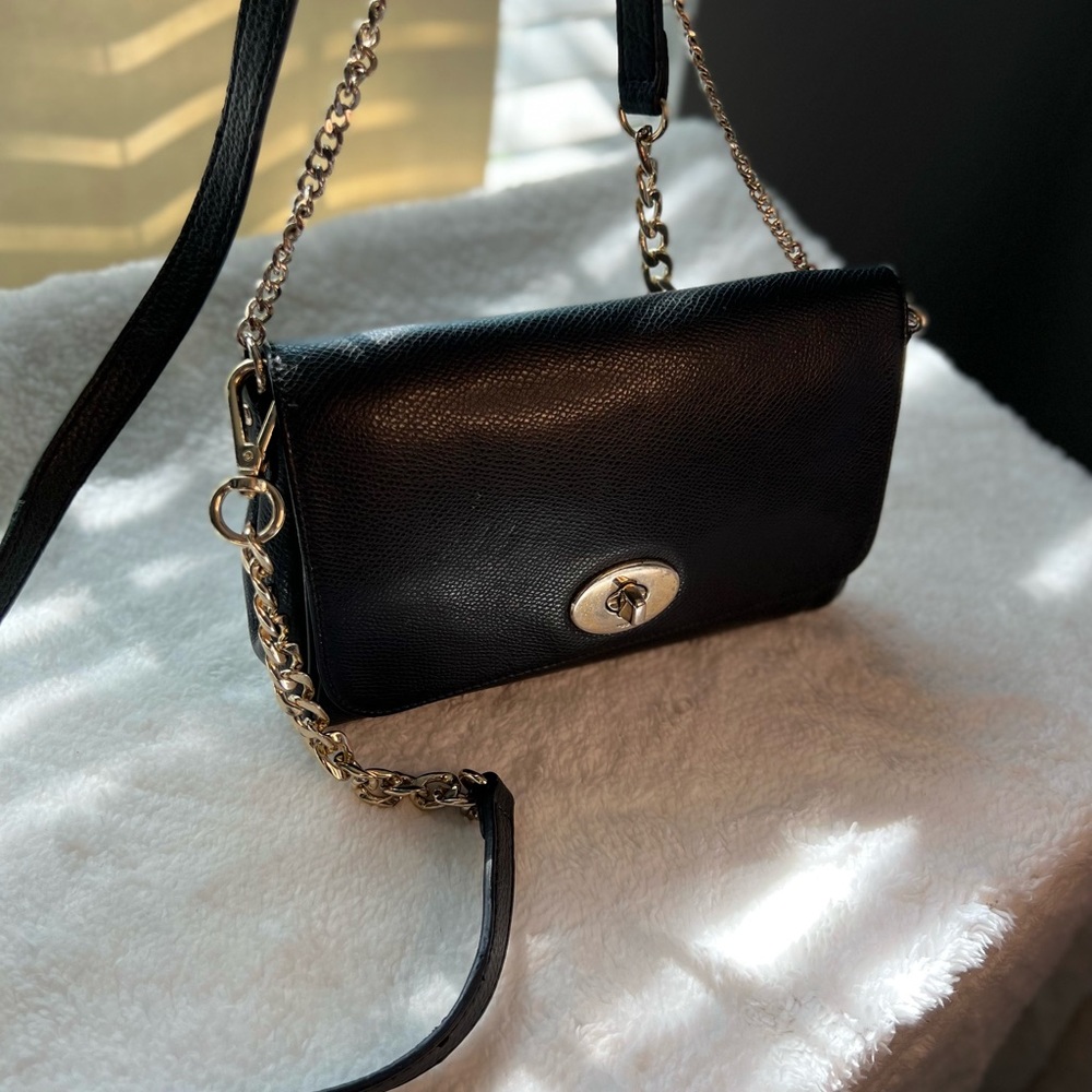 Coach, black/gold, leather,small shoulder or crossover purse.